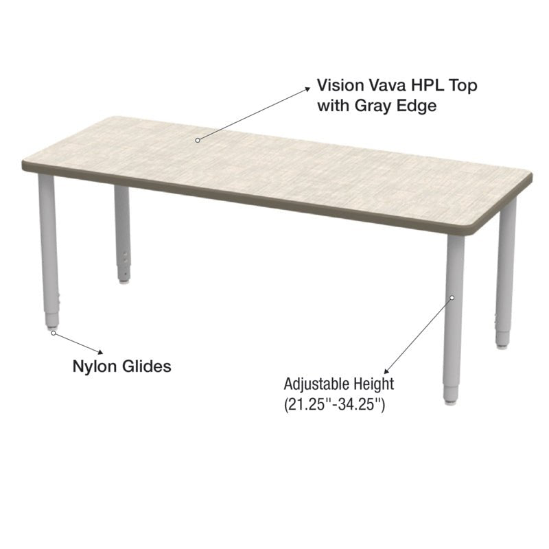 WB Manufacturing ELO Rectangular School Classroom Table, 24" x 60" HPL Top, Adjustable Height 21.25" - 34.25" Silver 2" Legs with Nylon Glides (WBM - ELS7071 - EJAG4) - SchoolOutlet