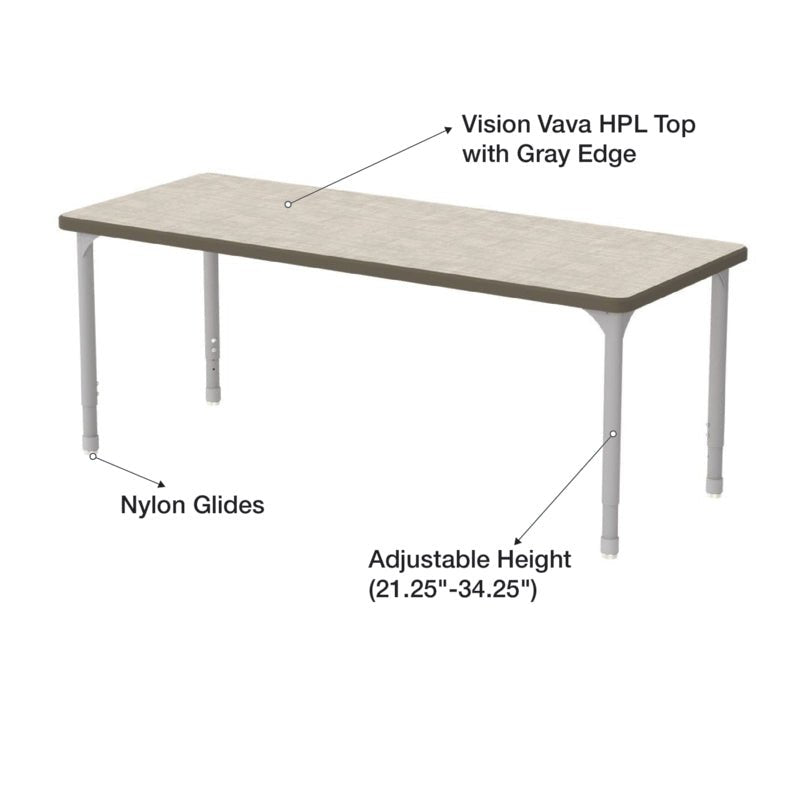 WB Manufacturing EON Rectangular School Classroom Short Table, 24" x 60" HPL Top, Adjustable Height 21.25" - 34.25" Silver 1.5" Legs with Nylon Glides (WBM - EON7071 - EJAG4) - SchoolOutlet