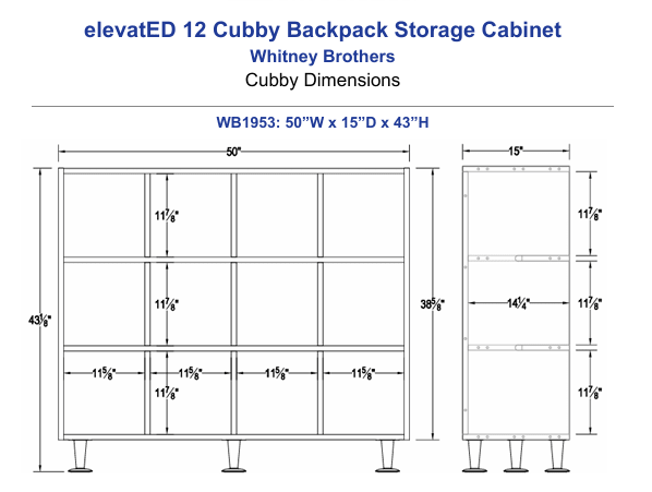 Whitney Brothers elevatED™ 12 Cubby Backpack Storage Cabinet 50"W x 15"D x 43"H (WHT-WB1953) - SchoolOutlet