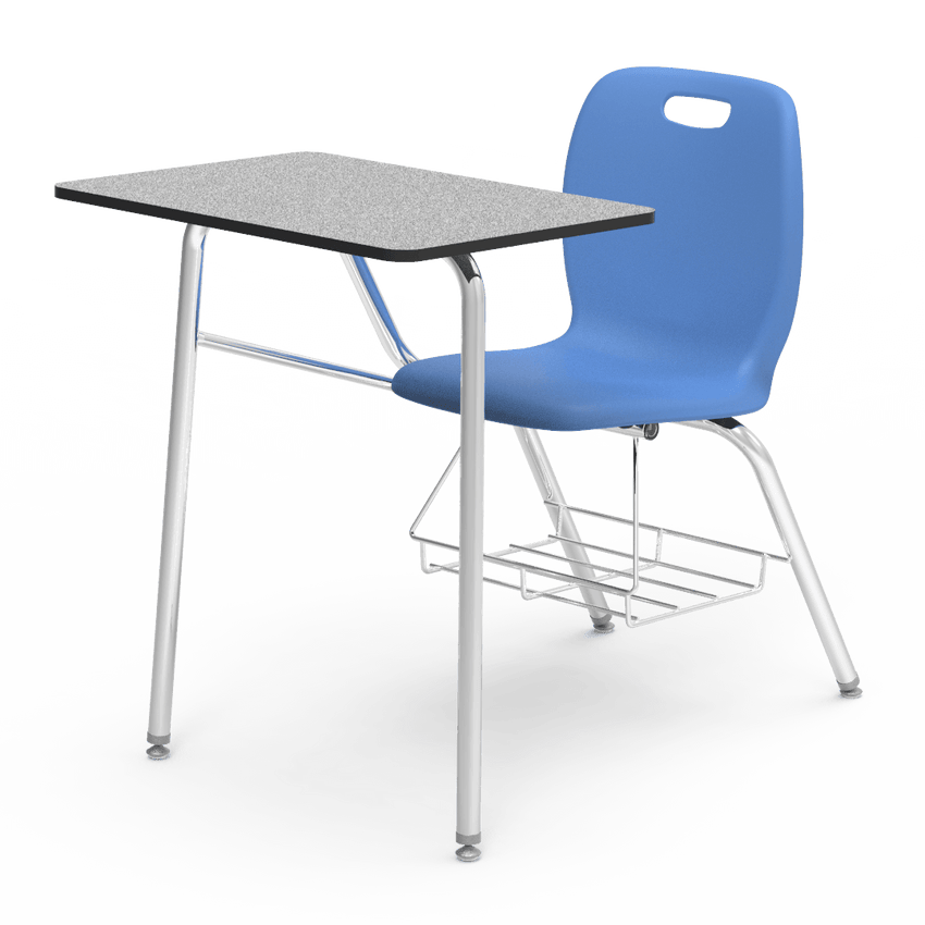 grey desk blue chair