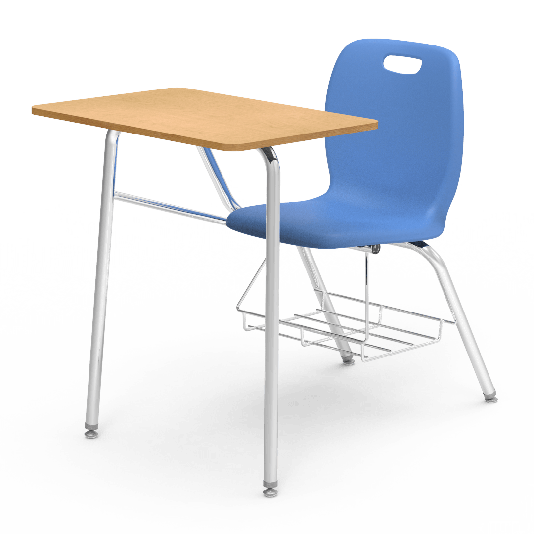 blue chair with light wood desk
