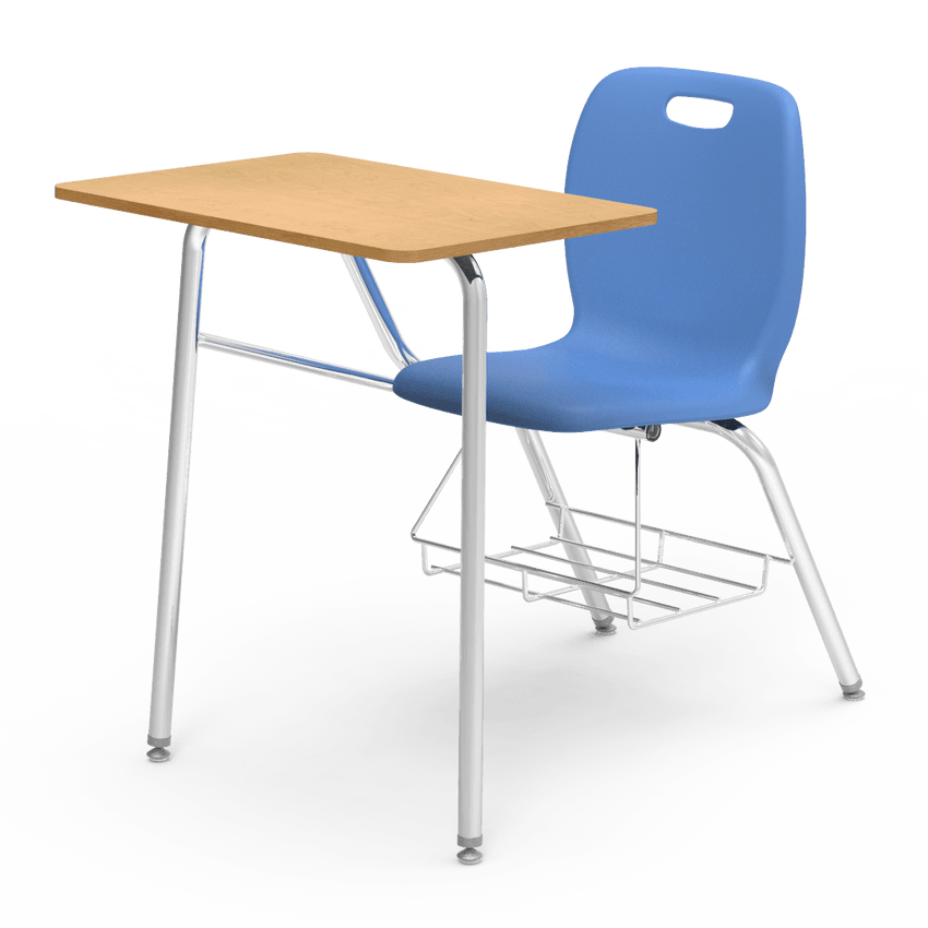 blue chair with light wood desk