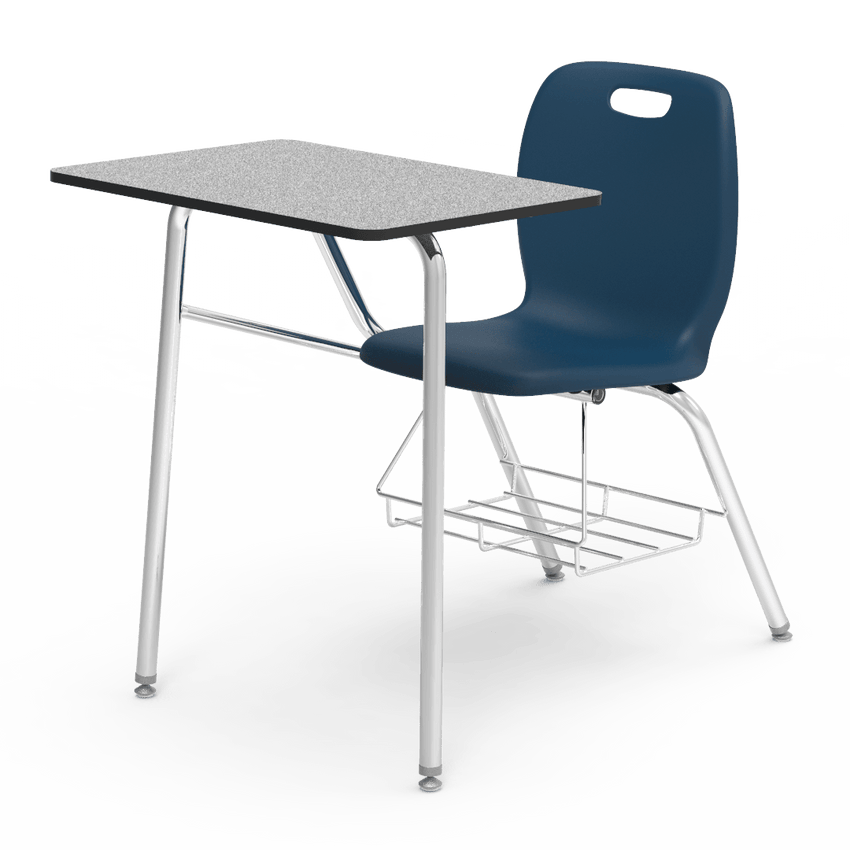 grey desk with dark blue chair