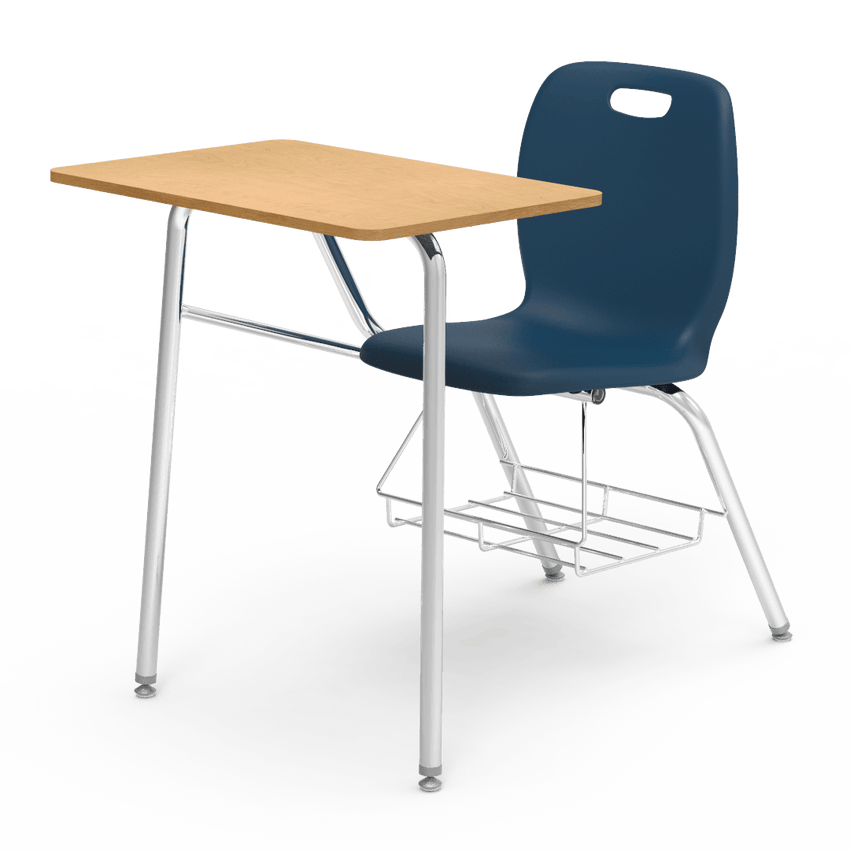 dark blue chair with light wood desk