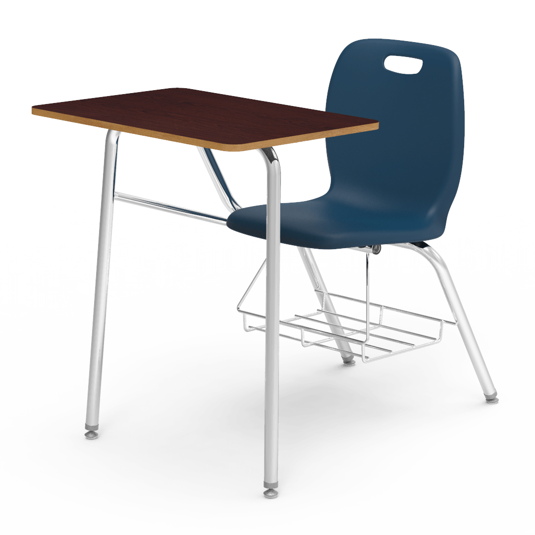 dark wood desk with a blue chair