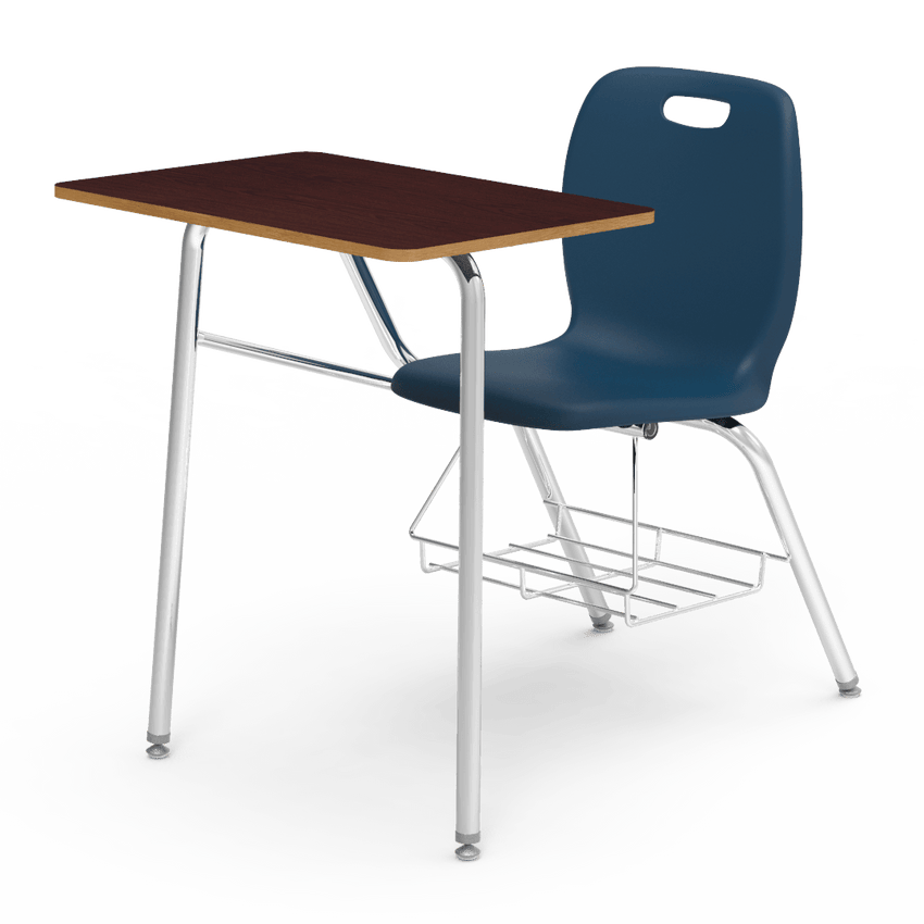 dark wood desk with a blue chair