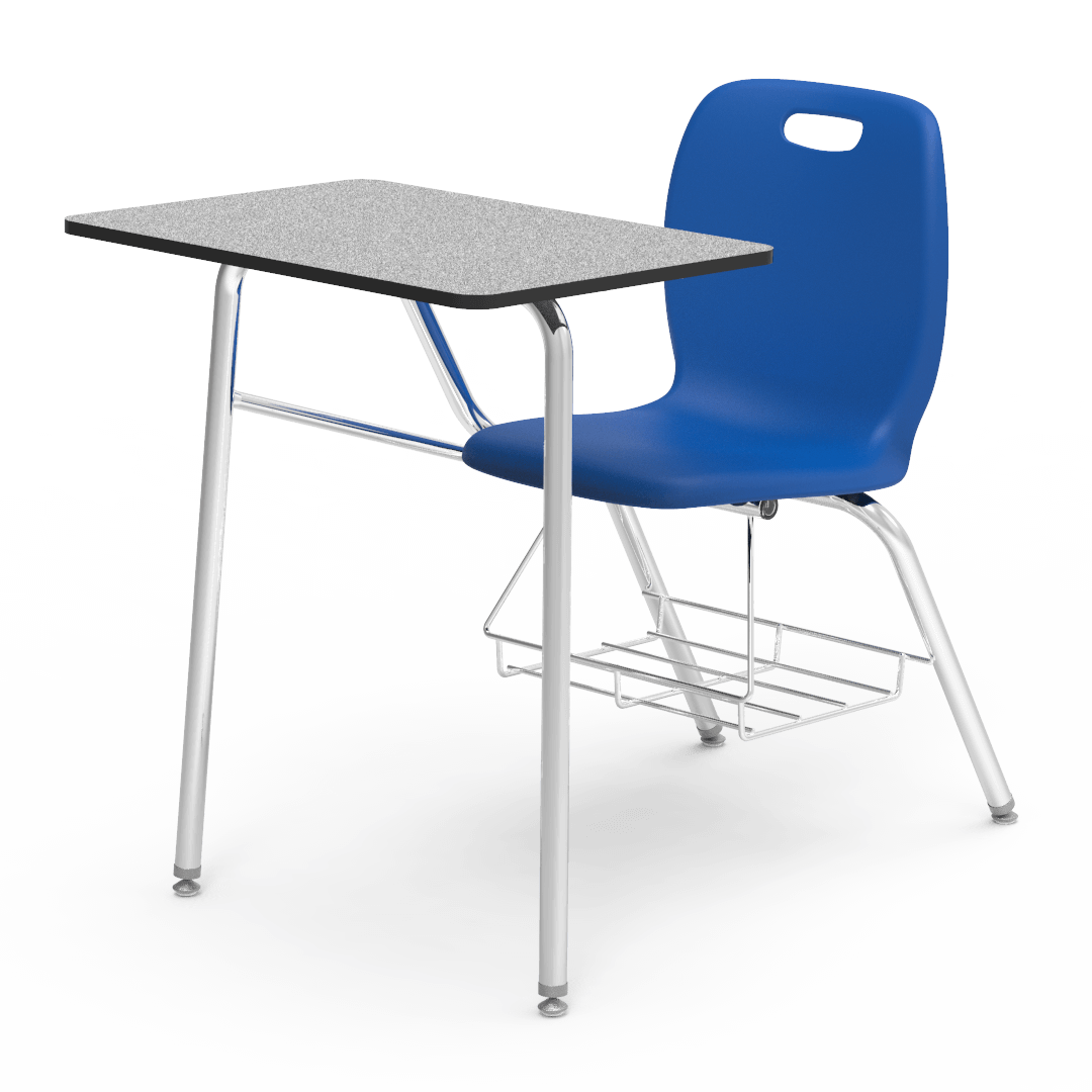 Blue desk with grey chair
