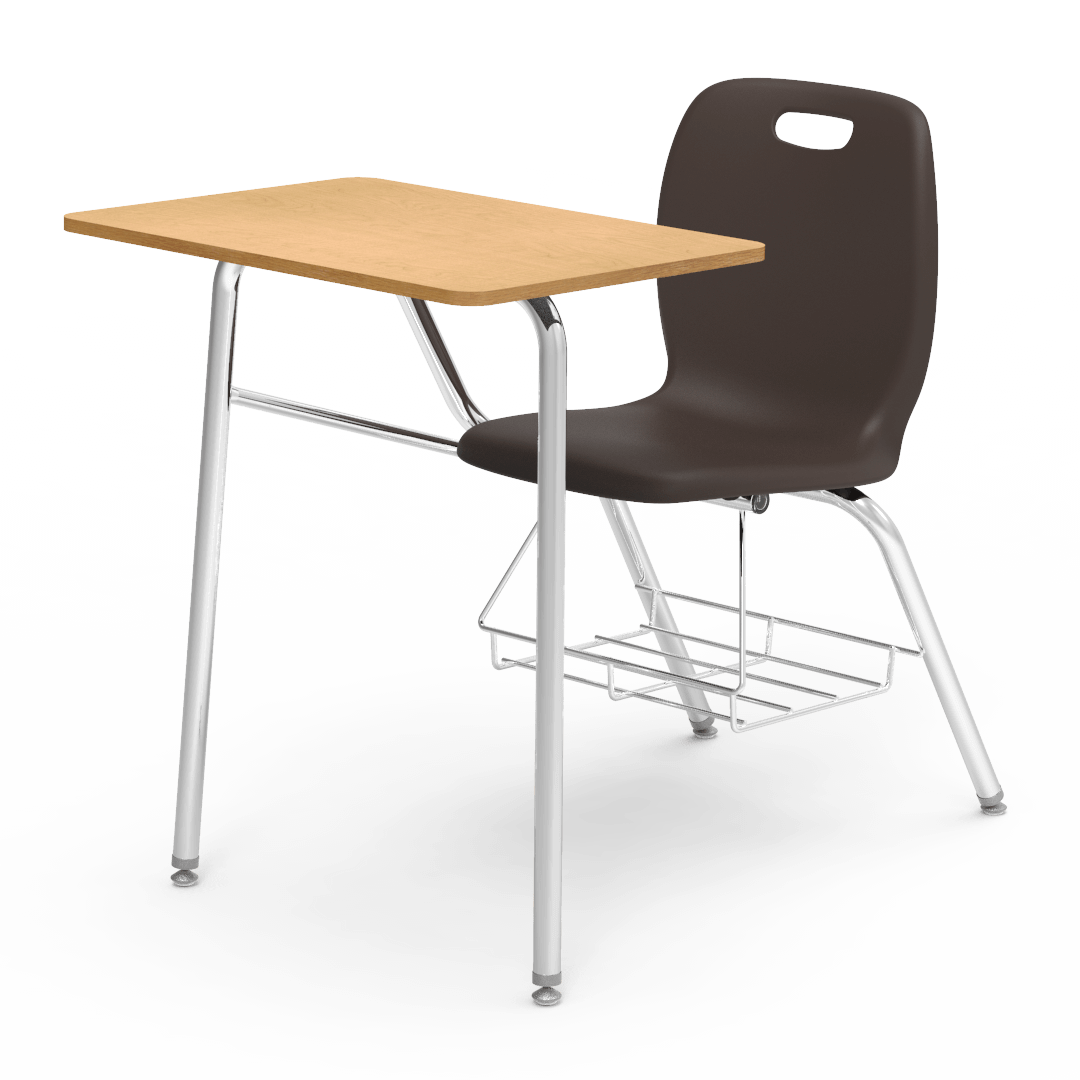 light wood desk with a brown chair 