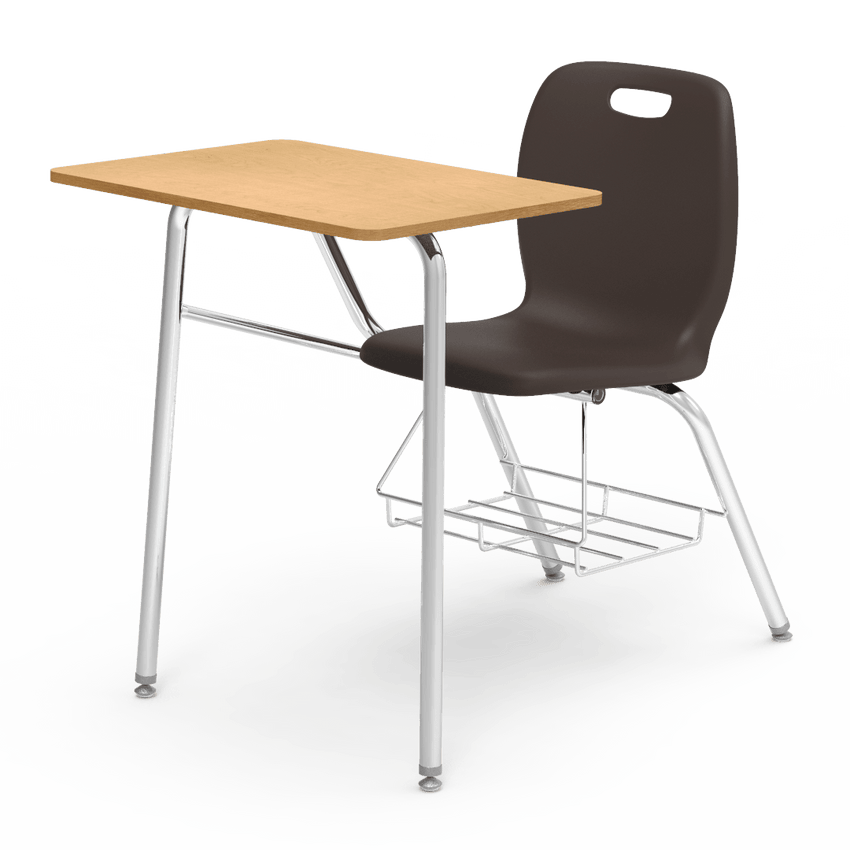 light wood desk with a brown chair 