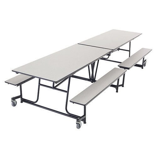 AmTab Mobile Bench Table - Rectangle - 30"W x 12'1"L - 4 Benches Black Metal Frame, Gray Nebula Top with Black Dyna Rock Edge (AMT-QUICK-MBT12-GNBB) - SchoolOutlet