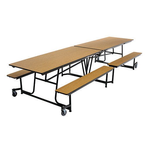 AmTab Mobile Bench Table - Rectangle - 30"W x 12'1"L - 4 Benches Black Metal Frame, Oak Top with Black Dyna Rock Edge (AMT-QUICK-MBT12-OBB) - SchoolOutlet
