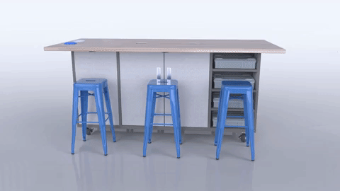 CEF ED Original Table 42"H Butcher Block Top, Laminate Base with 6 Stools, Storage Bins, Trash Bins, and Electrical Outlets Included. - SchoolOutlet