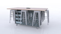 CEF ED8 Table 42"H Butcher Block Top, Laminate Base with  8 Stools, Storage bins, and Electrical Outlets Included.