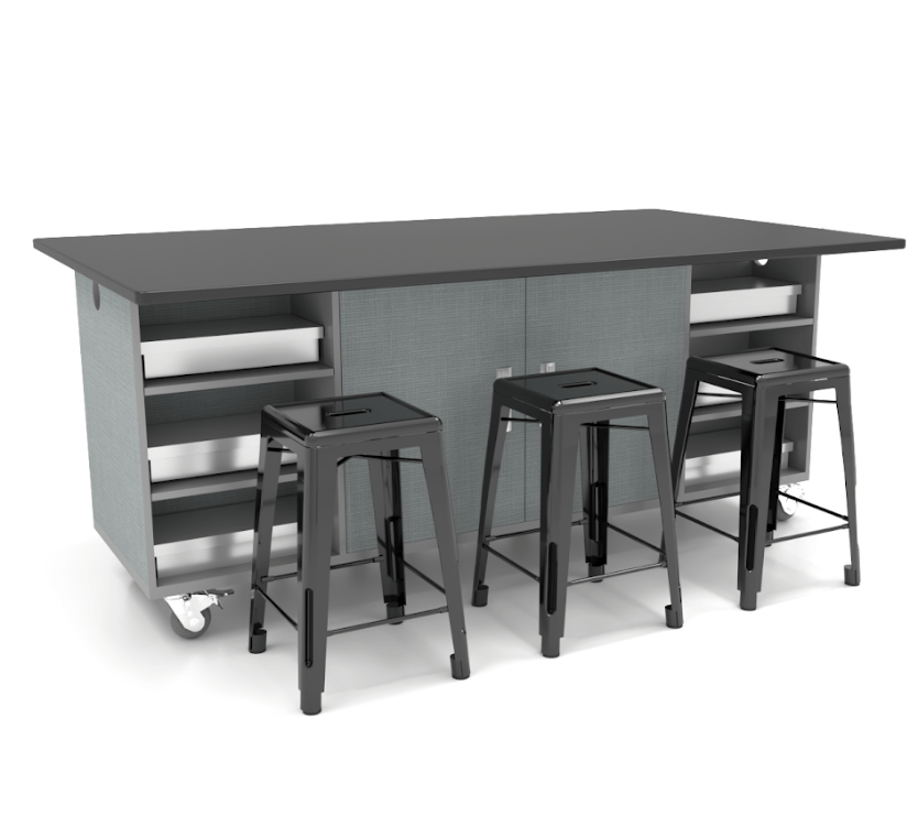 CEF ED Double Table 36"H Chemical Resistant Top, Laminate Base with 6 Stools, Storage bins, and Electrical Outlets Included. - SchoolOutlet