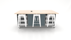 CEF ED Double Table 36"H Butcher Block Top, Laminate Base with  6 Stools, Storage bins, and Electrical Outlets Included.