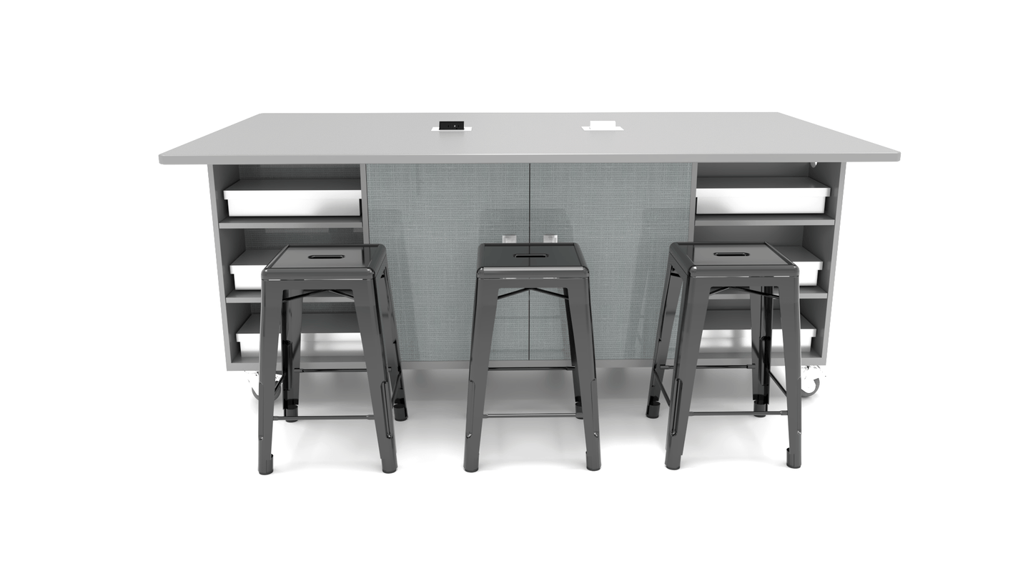 CEF ED Double Table 36"H Tough Top, Laminate Base with 6 Stools, Storage bins, and Electrical Outlets Included. - SchoolOutlet
