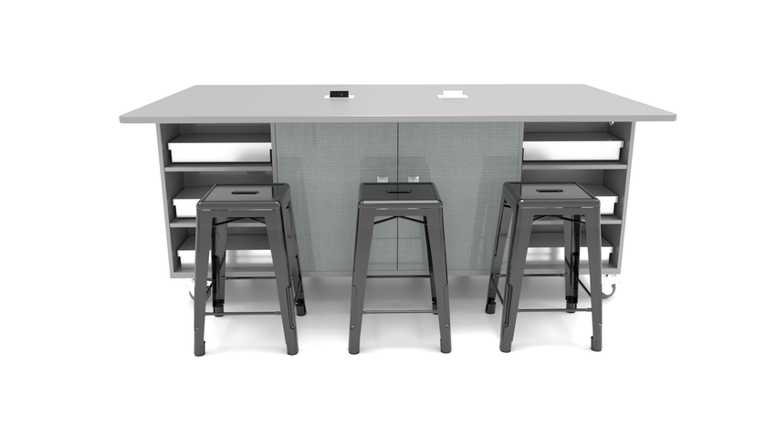 CEF ED Double Table 36"H Tough Top, Laminate Base with 6 Stools, Storage bins, and Electrical Outlets Included. - SchoolOutlet