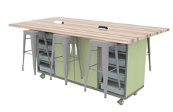 CEF ED Double Table 42"H High Pressure Laminate Top, Laminate Base with  6 Stools, Storage bins, and Electrical Outlets Included.