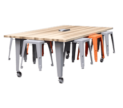 CEF IDEA Island Table 30" Height w/ 8-Seat - Butcher Block Top 84"W x 48"D with Steel Frame, 8 Stools and a Pop-up Dual Dock Electrical Station
