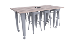 CEF IDEA Island Table 34" Height w/ 6-Seat - ADA Compliant - Butcher Block Top 84"W x 48"D with Steel Frame, 6 Stools and a Pop-up Dual Dock Electrical Station