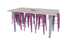 CEF IDEA Island Table 34" Height w/ 8-Seat - ADA Compliant - Butcher Block Top 84"W x 48"D with Steel Frame, 8 Stools and a Pop-up Dual Dock Electrical Station