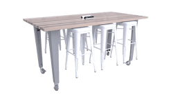 CEF IDEA Island Table 42" Height w/ 6-Seat - Butcher Block Top 84"W x 48"D with Steel Frame, 6 Stools and a Pop-up Dual Dock Electrical Station