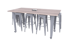 CEF IDEA Island Table 42" Height w/ 8-Seat - Butcher Block Top 84"W x 48"D with Steel Frame, 8 Stools and a Pop-up Dual Dock Electrical Station