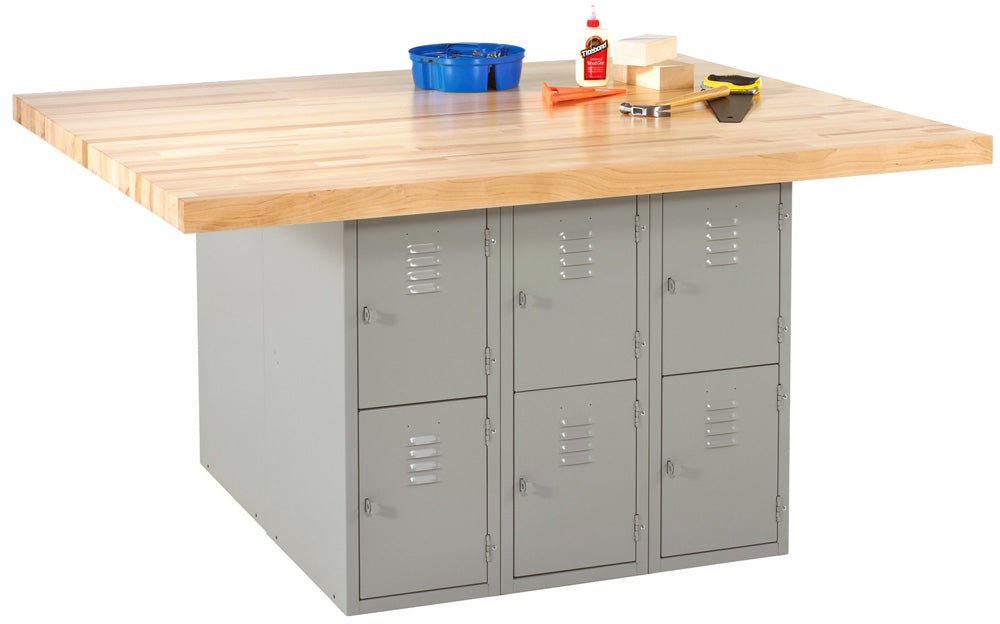 Diversified Woodcrafts 4-Station Workbench with 12 Steel Vertical Lockers - 64" W X 54" D - SchoolOutlet