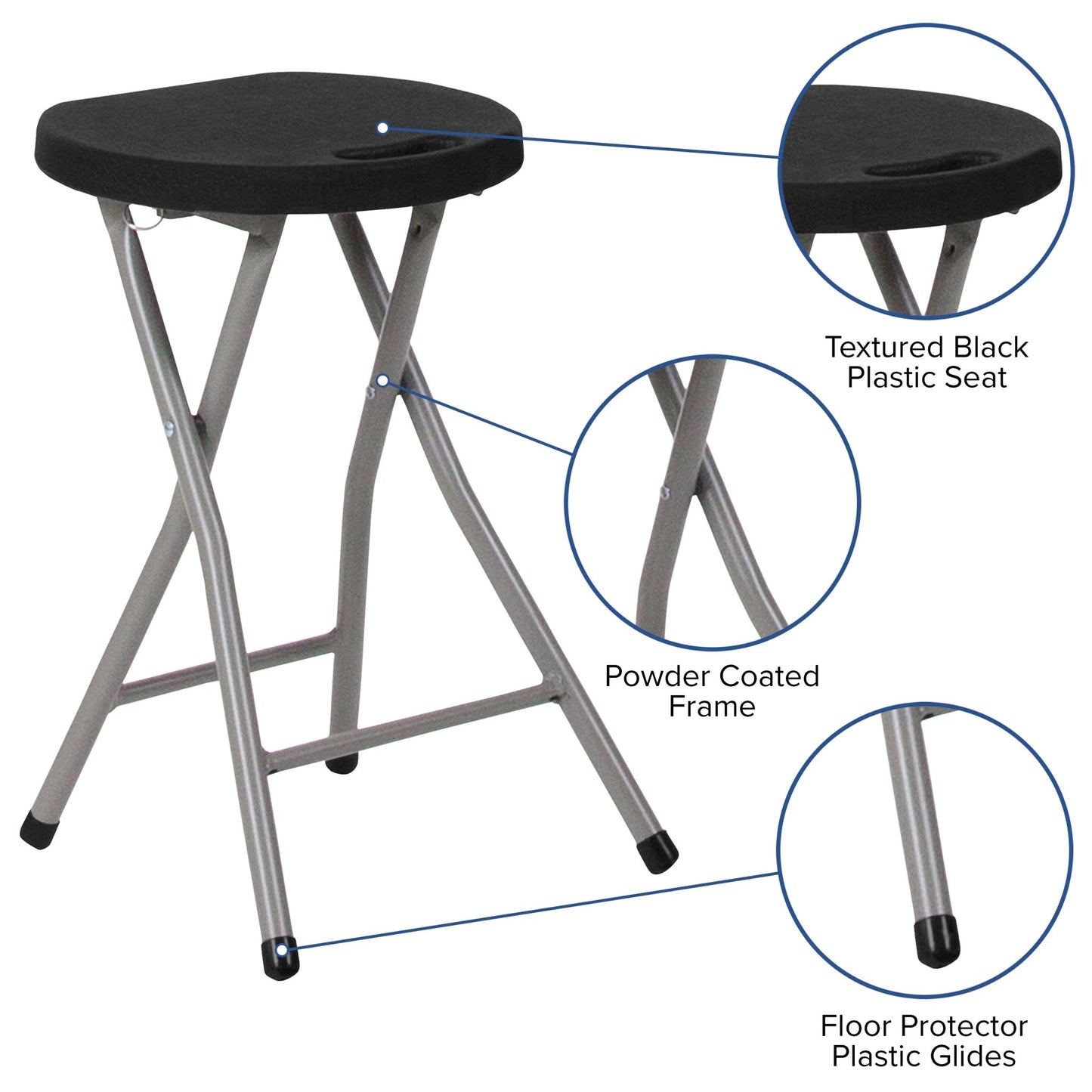 Micah 2 Pack Foldable Stool with Black Plastic Seat and Titanium Gray Frame - SchoolOutlet