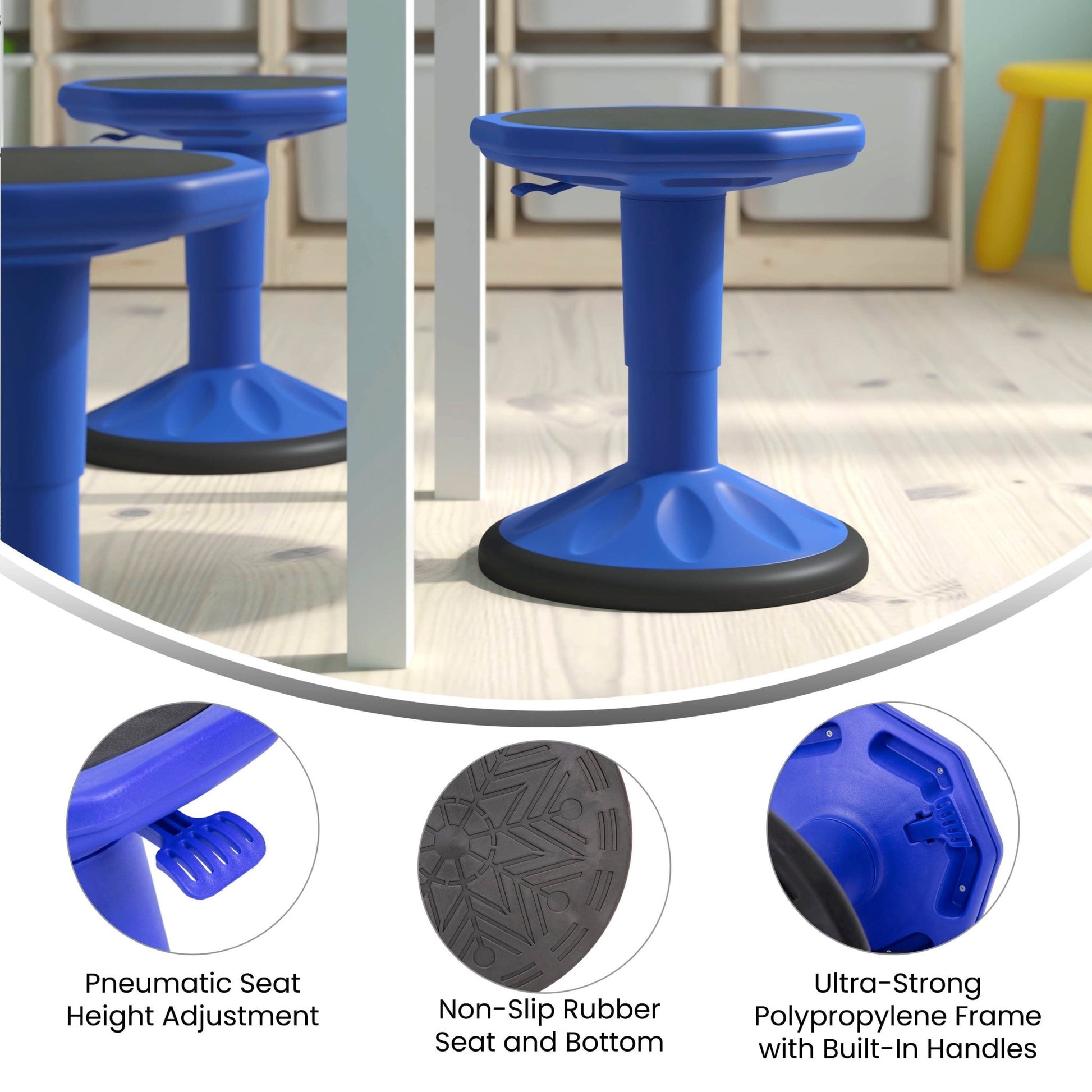 Carter Adjustable Height Kids Flexible Active Stool for Classroom and Home with Non-Skid Bottom in Blue, 14" - 18" Seat Height - SchoolOutlet