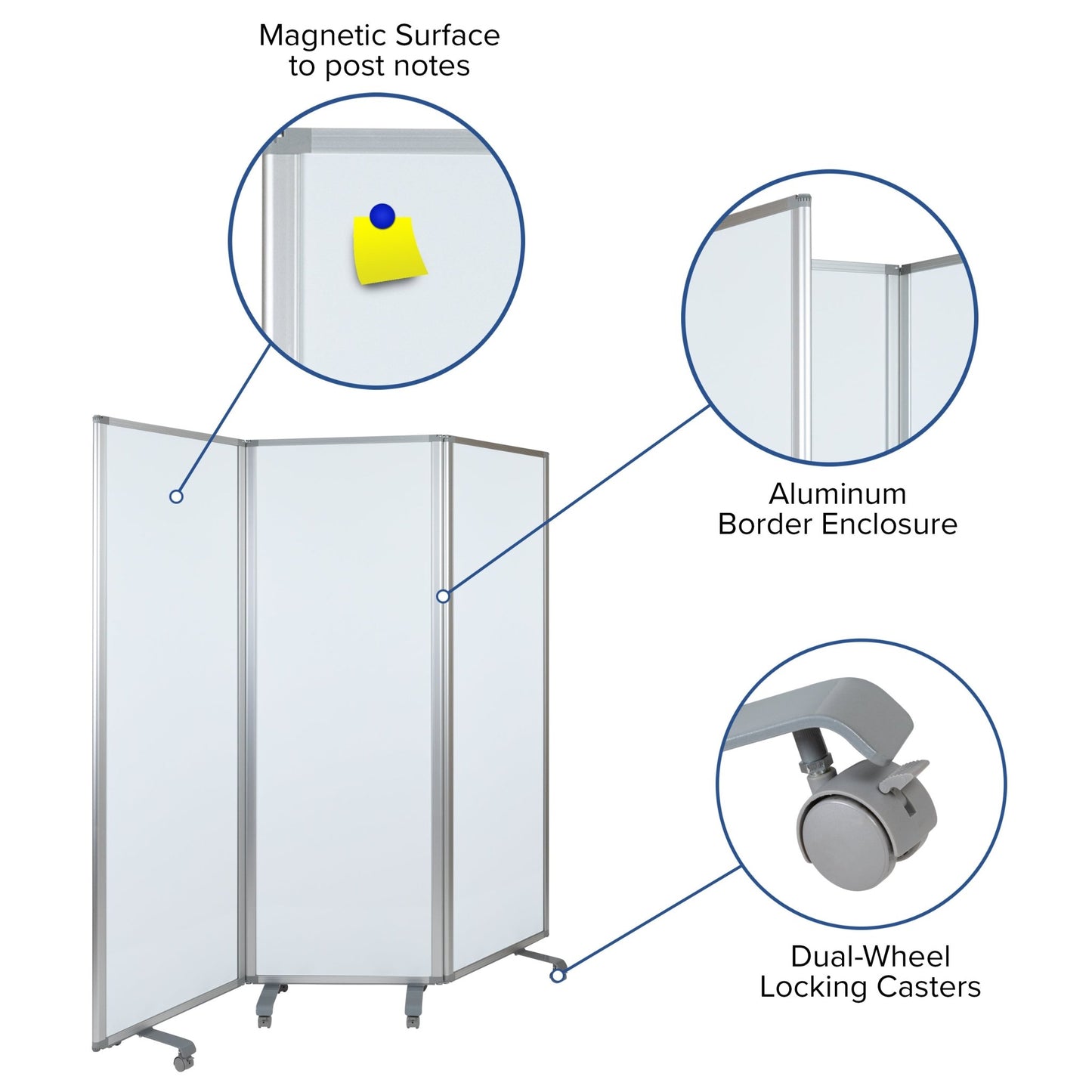 Raisley Mobile Magnetic Whiteboard Partition with Lockable Casters, 72"H x 24"W (3 sections included) - SchoolOutlet