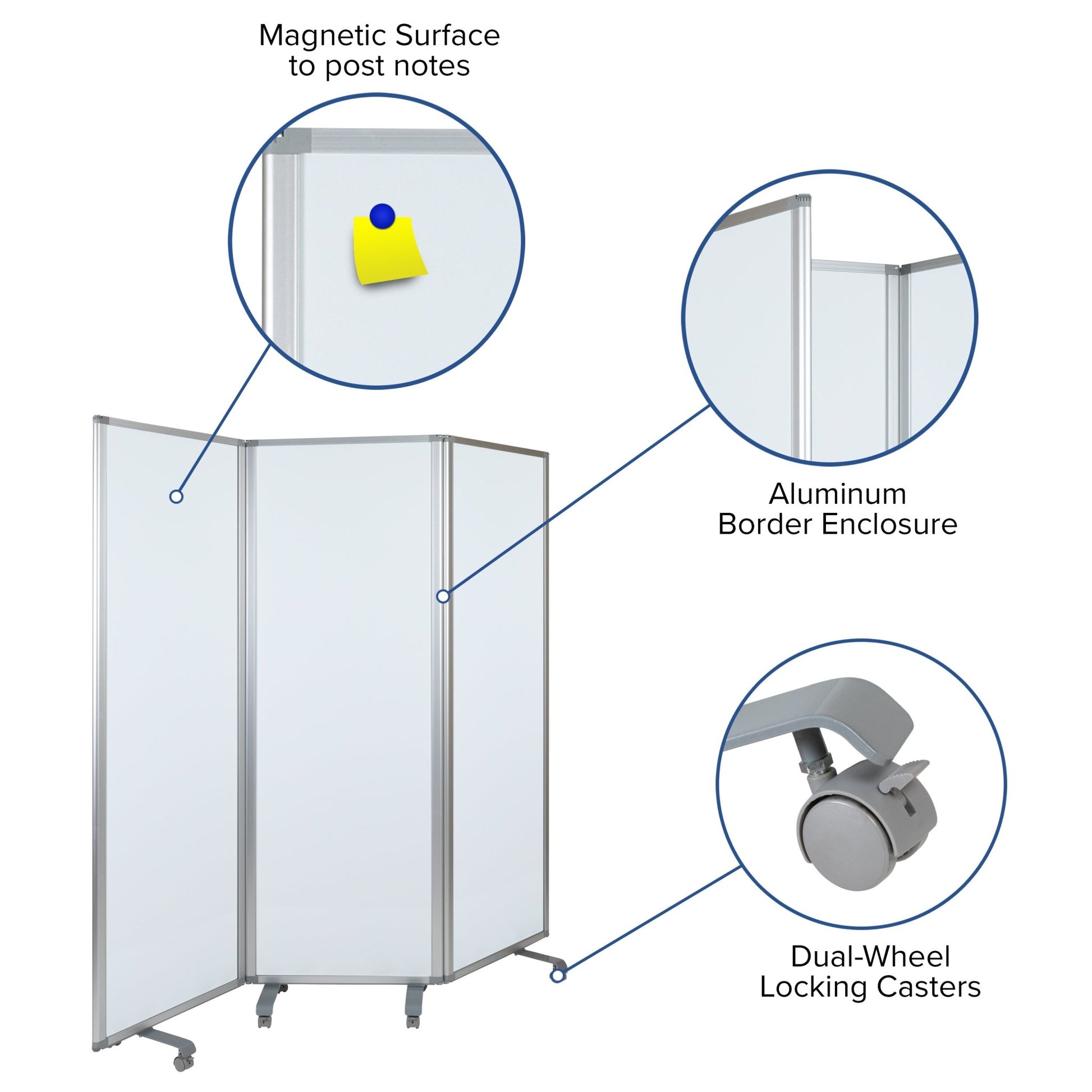 Raisley Mobile Magnetic Whiteboard Partition with Lockable Casters, 72"H x 24"W (3 sections included) - SchoolOutlet
