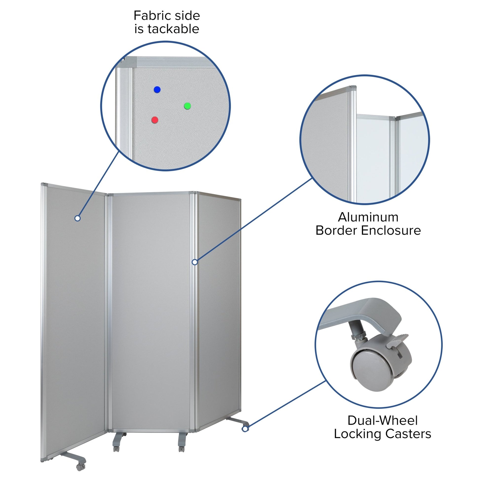 Raisley Double Sided Mobile Magnetic Whiteboard/Cloth Partition with Lockable Casters, 72"H x 24"W (3 sections included) - SchoolOutlet