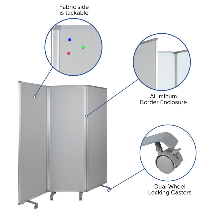 Raisley Double Sided Mobile Magnetic Whiteboard/Cloth Partition with Lockable Casters, 72"H x 24"W (3 sections included) - SchoolOutlet