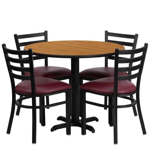 Flash Furniture 36'' Round Laminate Table Set with 4 Ladder Back Metal Chairs - Burgundy Vinyl Seat(FLA-HDBF-B-GG) - SchoolOutlet