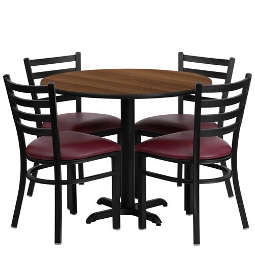 Flash Furniture 36'' Round Laminate Table Set with 4 Ladder Back Metal Chairs - Burgundy Vinyl Seat(FLA-HDBF-B-GG) - SchoolOutlet