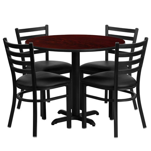 Flash Furniture 36'' Round Laminate Table Set with 4 Ladder Back Metal Chairs - Black Vinyl Seat(FLA-HDBF-H-GG) - SchoolOutlet