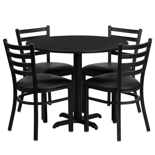 Flash Furniture 36'' Round Laminate Table Set with 4 Ladder Back Metal Chairs - Black Vinyl Seat(FLA-HDBF-H-GG) - SchoolOutlet