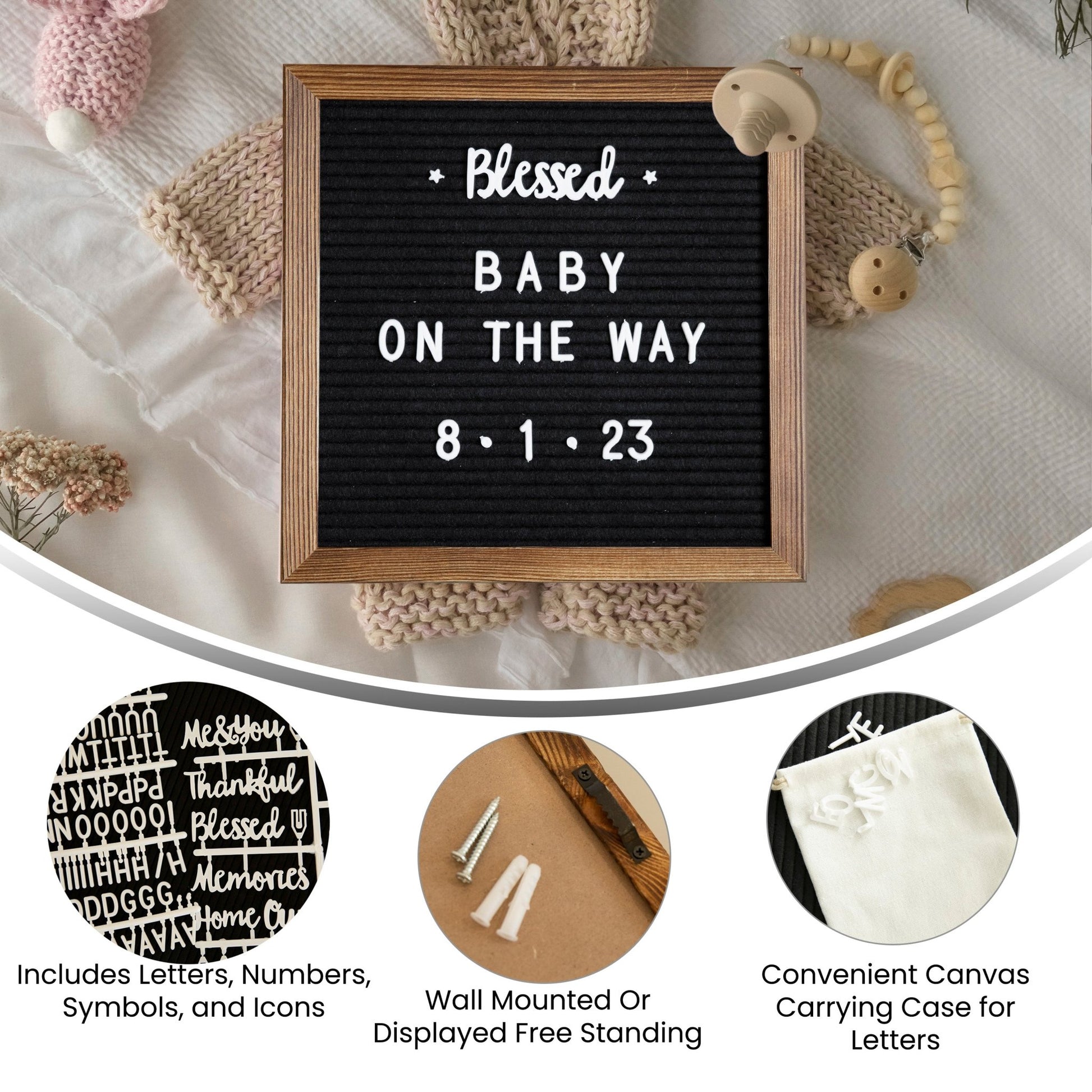 Gracie 10x10 Felt Letter Board with Wooden Frame, 389 PP Letters Including Numbers, Symbols and Icons, Canvas Carrying Case, Torched Wood/Felt - SchoolOutlet