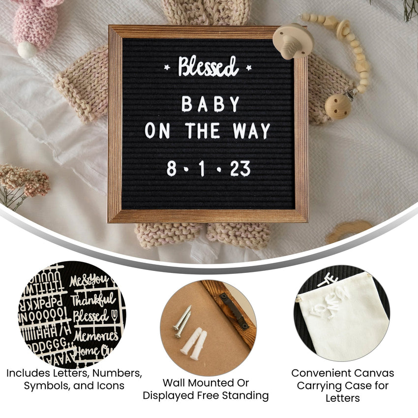 Gracie 10x10 Felt Letter Board with Wooden Frame, 389 PP Letters Including Numbers, Symbols and Icons, Canvas Carrying Case, Torched Wood/Felt - SchoolOutlet