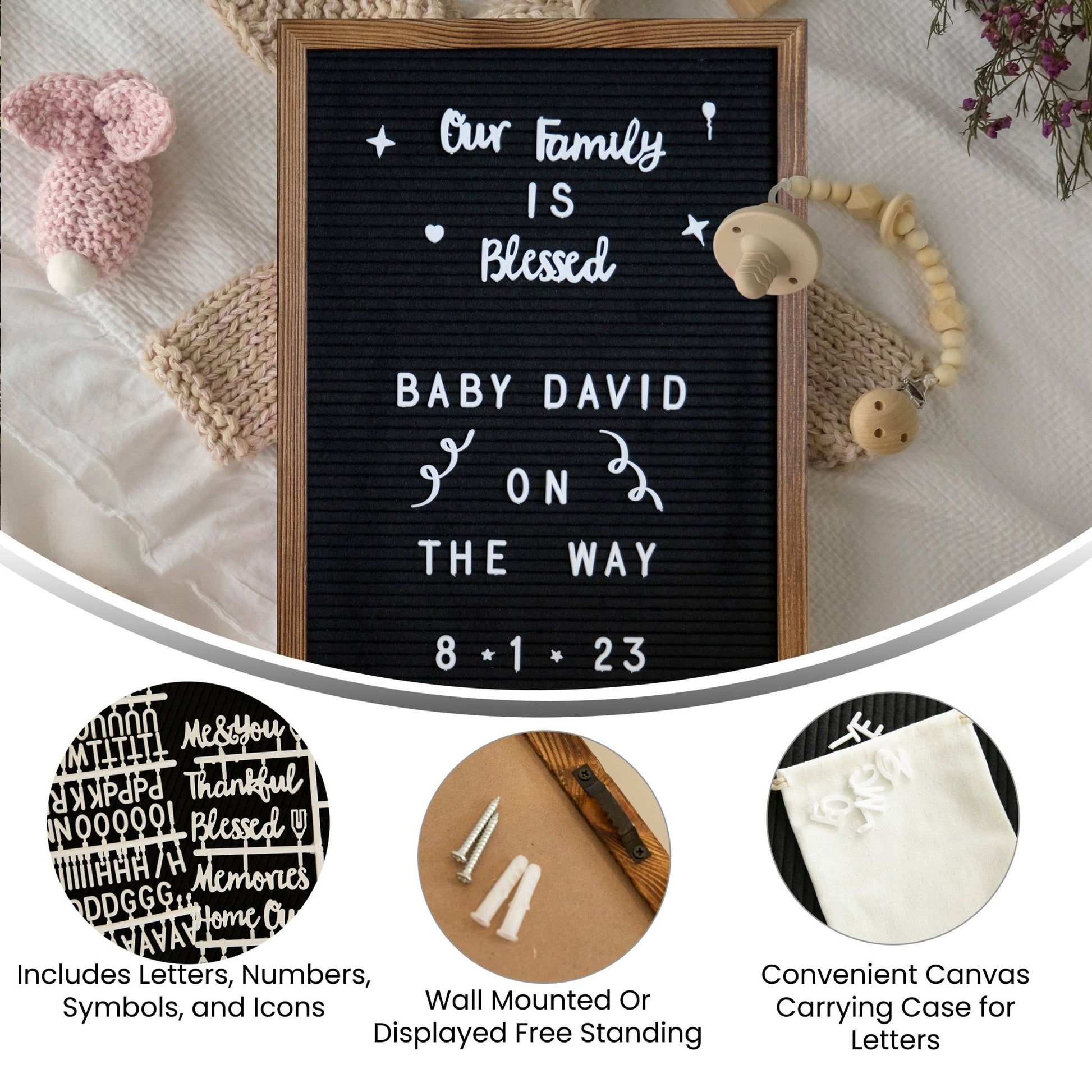 Gracie 12x17 Felt Letter Board with Wooden Frame, 389 PP Letters Including Numbers, Symbols and Icons, Canvas Carrying Case, Torched Wood/Felt - SchoolOutlet