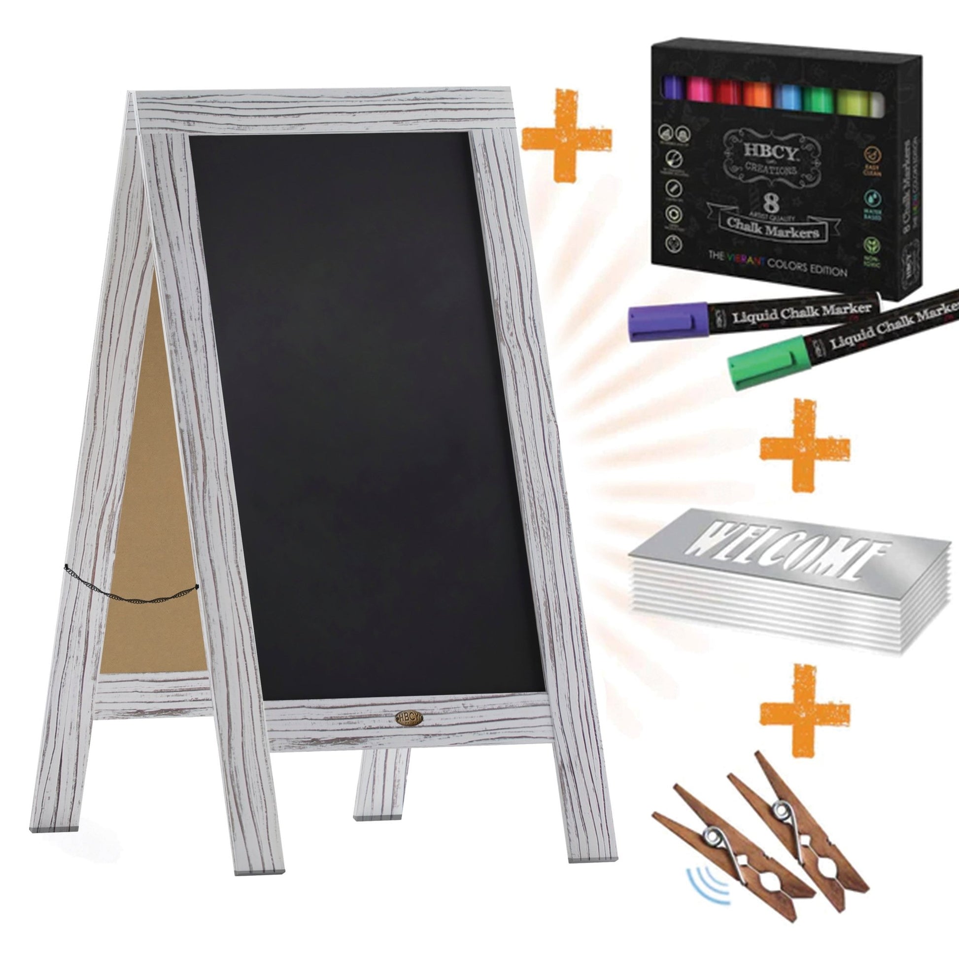 Canterbury 40" x 20" Wooden Indoor/Outdoor A-Frame Magnetic Chalkboard Sign Set with 8 Chalk Markers, 10 Stencils, and 2 Magnets, and Eraser - SchoolOutlet