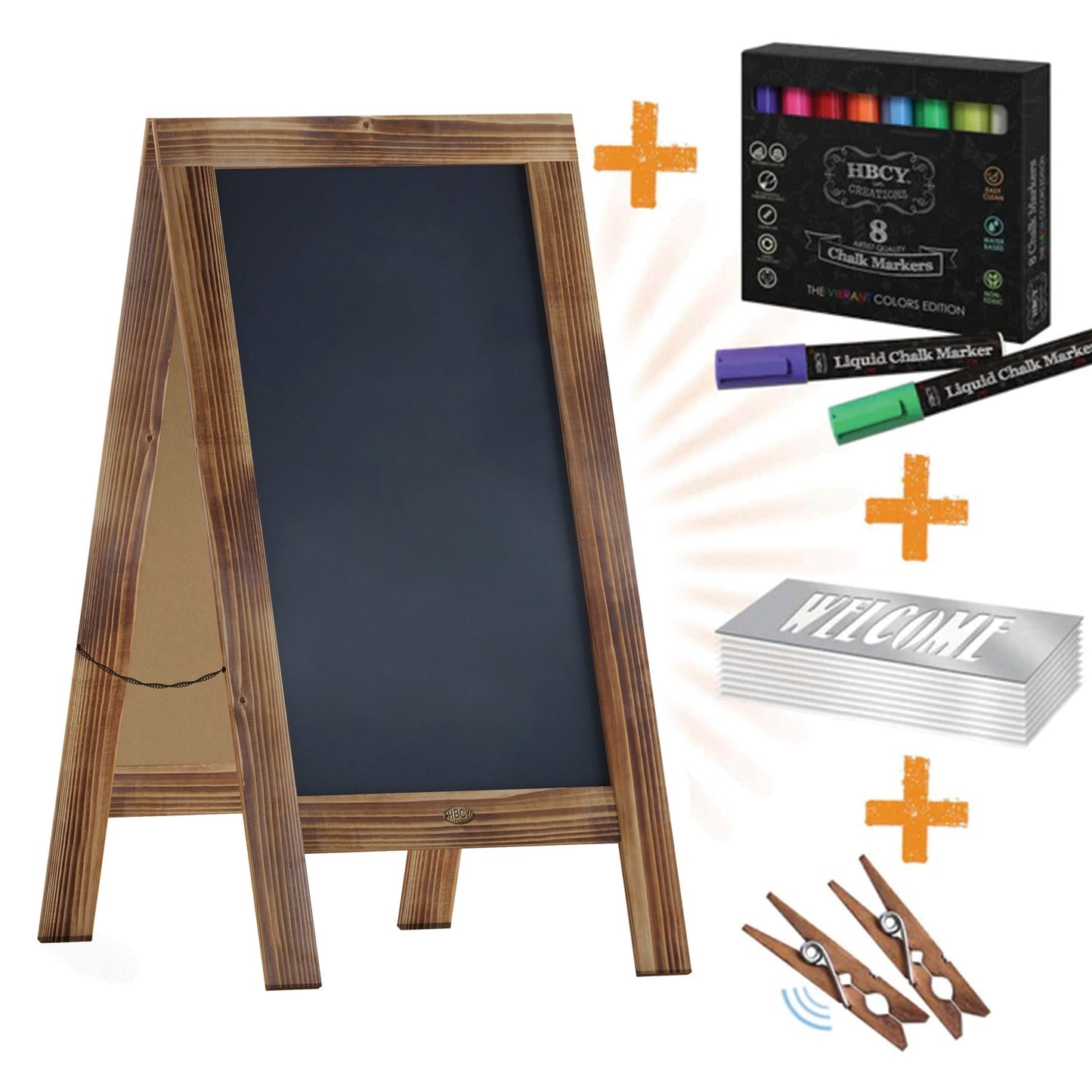 Canterbury 40" x 20" Wooden Indoor/Outdoor A-Frame Magnetic Chalkboard Sign Set with 8 Chalk Markers, 10 Stencils, and 2 Magnets, and Eraser - SchoolOutlet