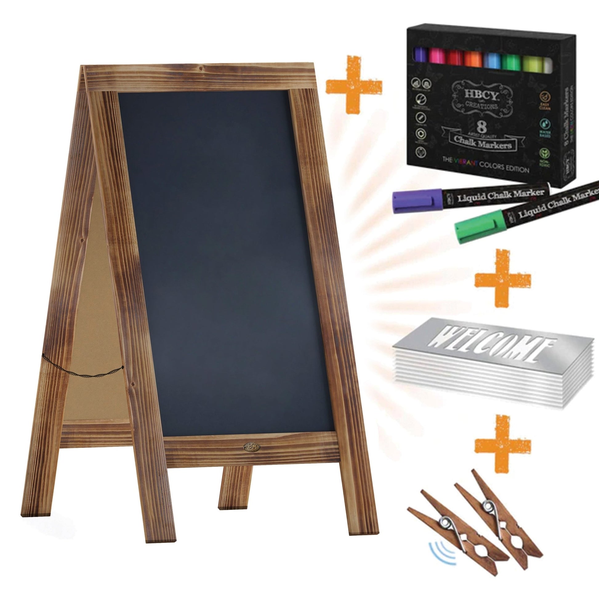 Canterbury 40" x 20" Wooden Indoor/Outdoor A-Frame Magnetic Chalkboard Sign Set with 8 Chalk Markers, 10 Stencils, and 2 Magnets, and Eraser - SchoolOutlet