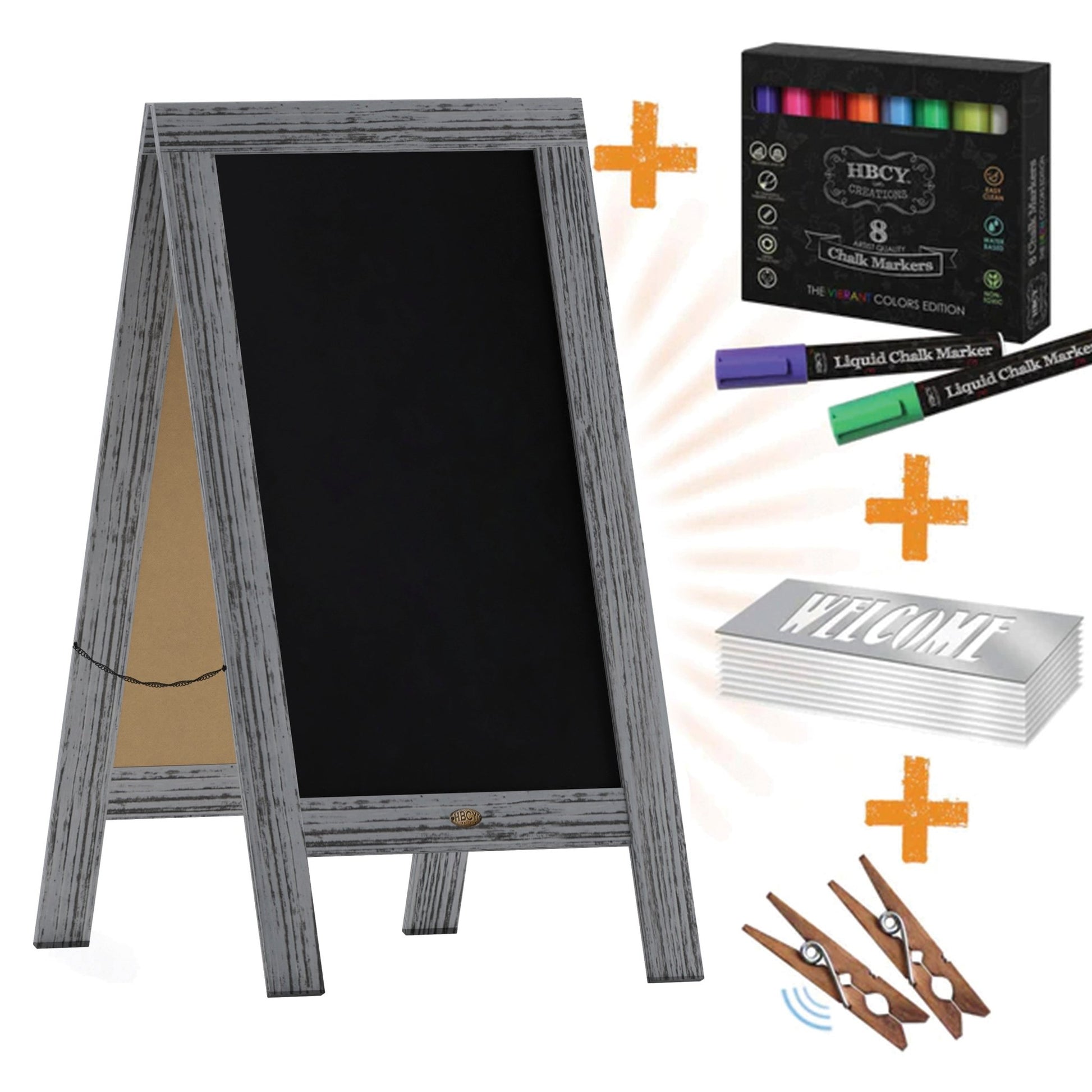 Canterbury 40" x 20" Wooden Indoor/Outdoor A-Frame Magnetic Chalkboard Sign Set with 8 Chalk Markers, 10 Stencils, and 2 Magnets, and Eraser - SchoolOutlet