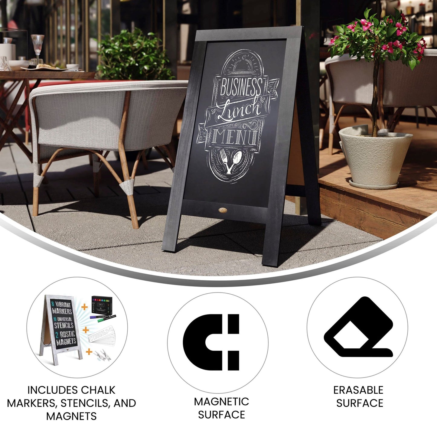 Canterbury 40" x 20" Wooden Indoor/Outdoor A-Frame Magnetic Chalkboard Sign Set with 8 Chalk Markers, 10 Stencils, and 2 Magnets, and Eraser - SchoolOutlet