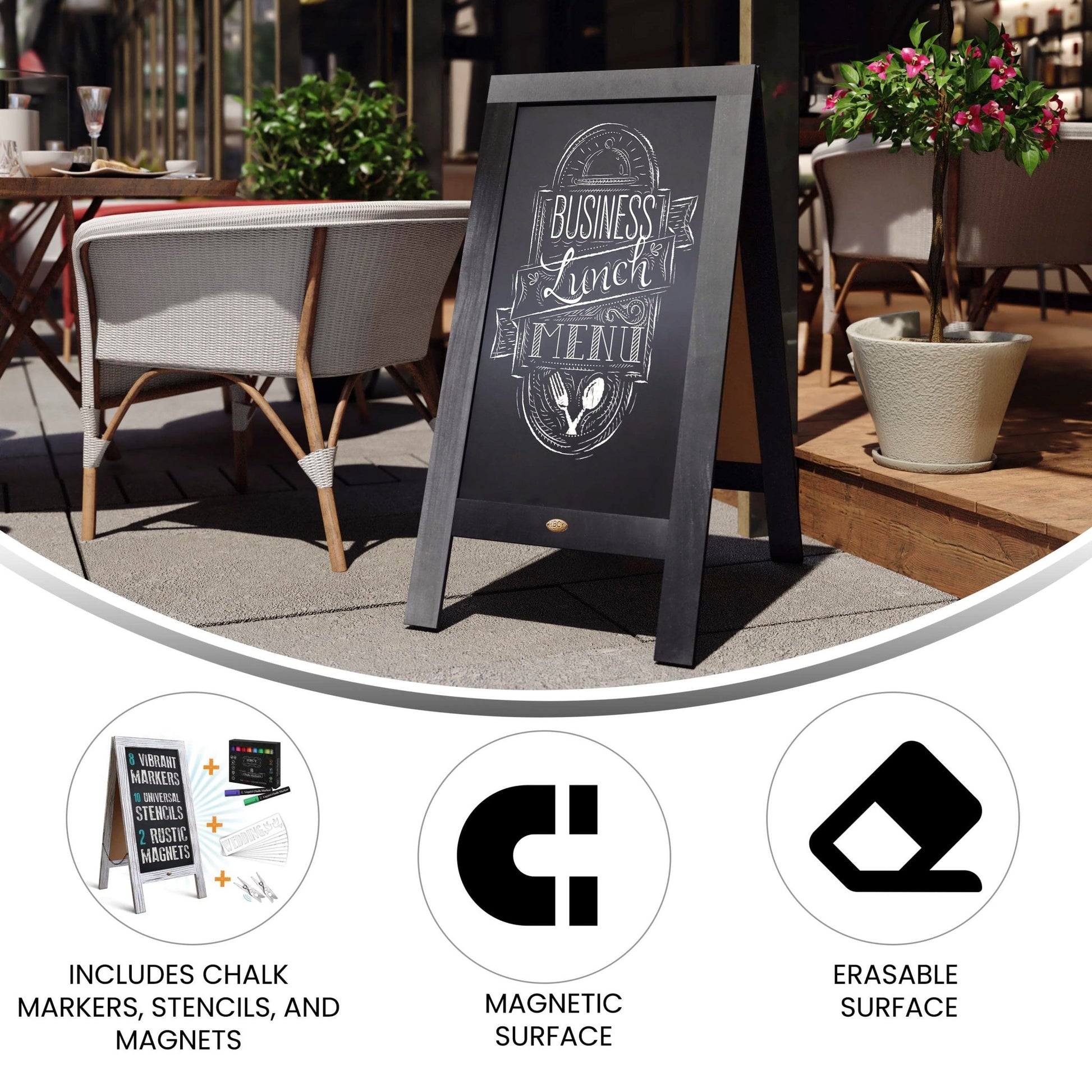 Canterbury 40" x 20" Wooden Indoor/Outdoor A-Frame Magnetic Chalkboard Sign Set with 8 Chalk Markers, 10 Stencils, and 2 Magnets, and Eraser - SchoolOutlet