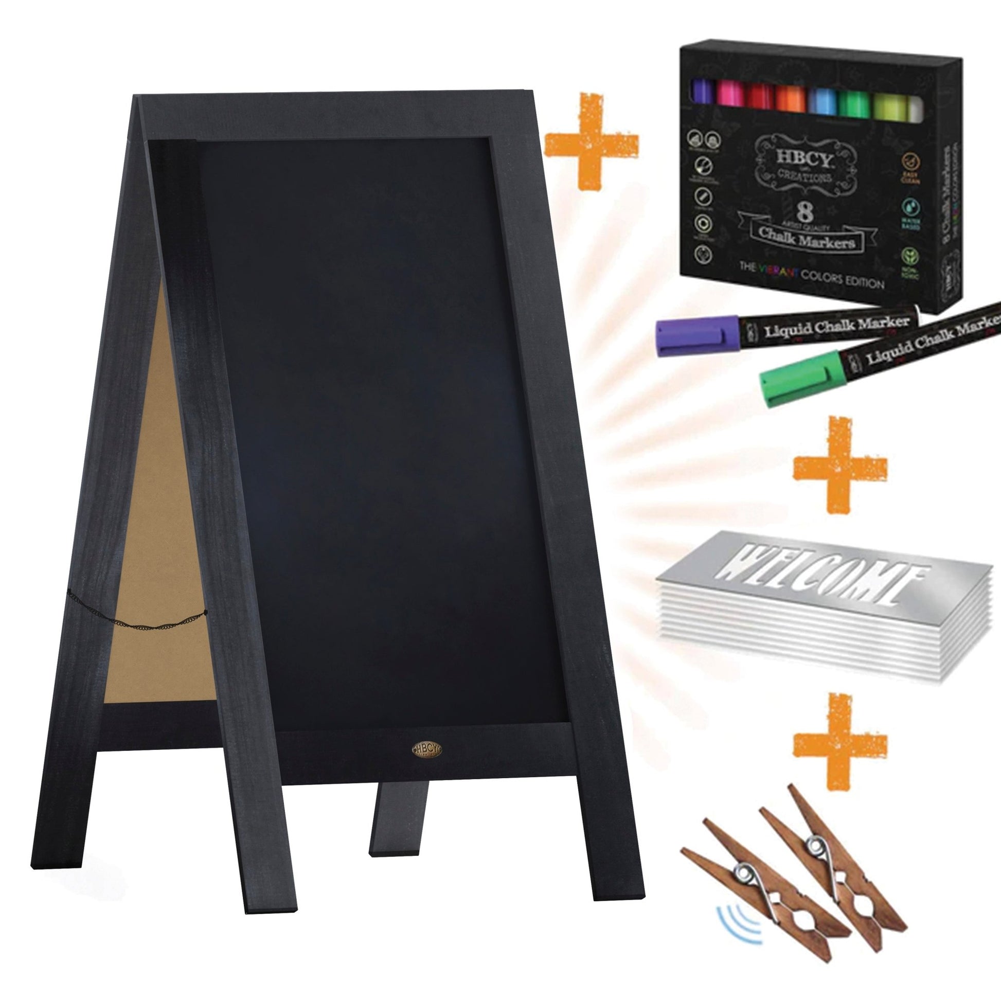 Canterbury 40" x 20" Wooden Indoor/Outdoor A-Frame Magnetic Chalkboard Sign Set with 8 Chalk Markers, 10 Stencils, and 2 Magnets, and Eraser - SchoolOutlet