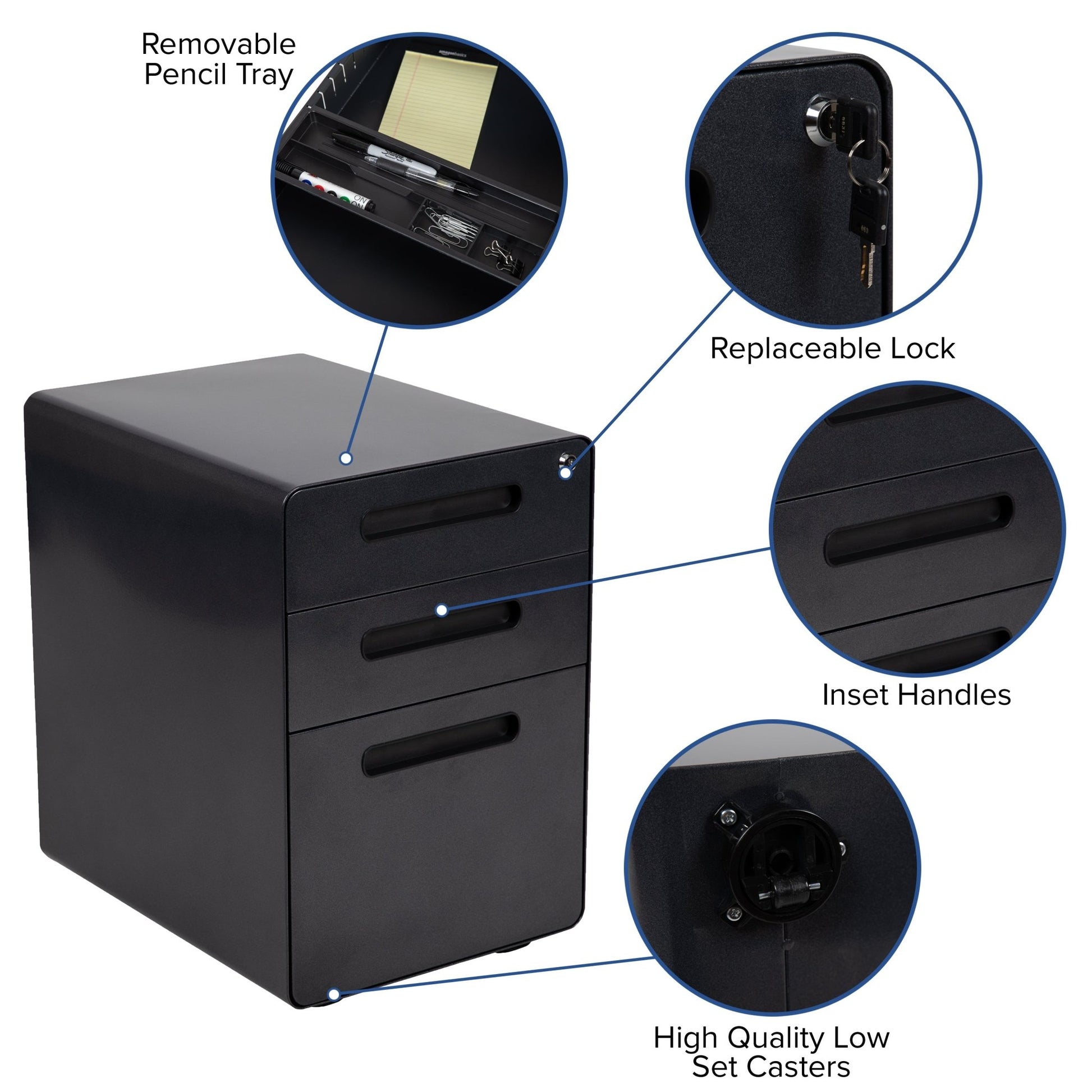 Wren Ergonomic 3-Drawer Mobile Locking Filing Cabinet with Anti-Tilt Mechanism and Hanging Drawer for Legal & Letter Files, Black - SchoolOutlet