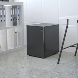 Warner Modern 3-Drawer Mobile Locking Filing Cabinet with Anti-Tilt Mechanism and Hanging Drawer for Legal & Letter Files, Black